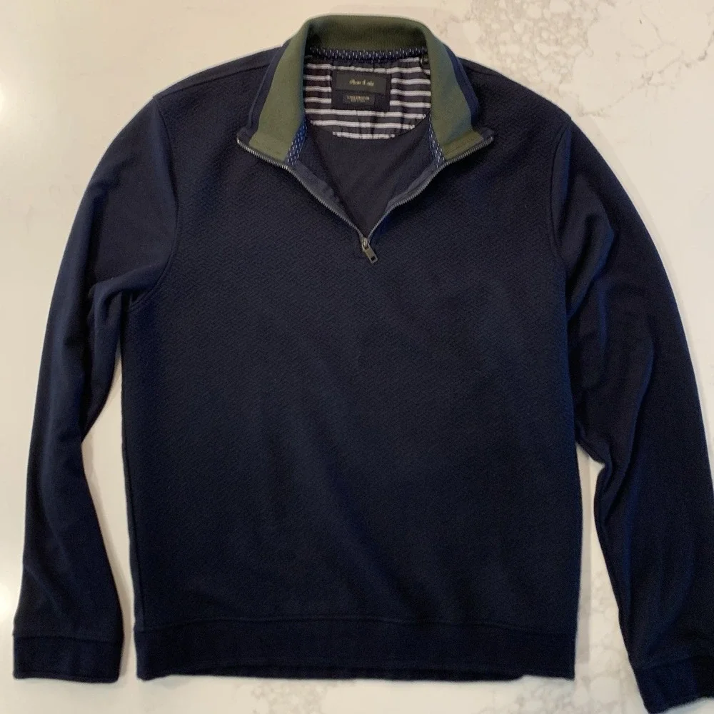 Porter & Ash Mens XL Quarter Zip Pullover Navy Textured Sweater Olive Collar